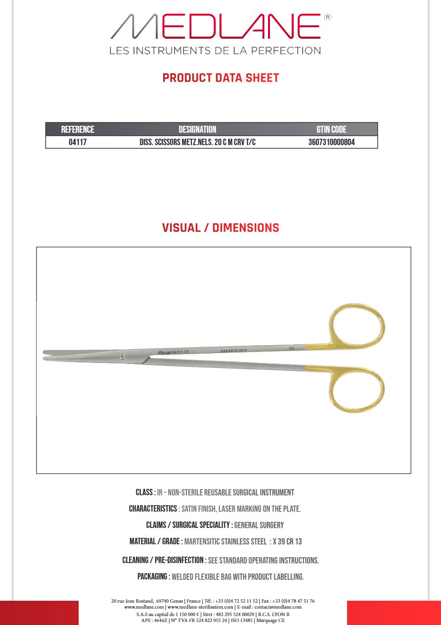 Ciseaux Dissection Metzenbaum nelson 200 mm Courbe Tungstène — 04117P