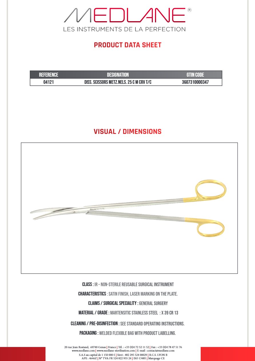 Photo produit MEDLANE : Ciseaux Dissection Metzenbaum nelson 250 mm Courbe Tungstène, référence 04121P