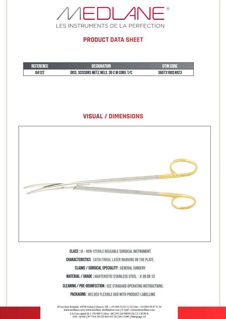 Photo produit MEDLANE : Ciseaux Dissection Metzenbaum nelson 300 mm Courbe Tungstène, référence 04122P
