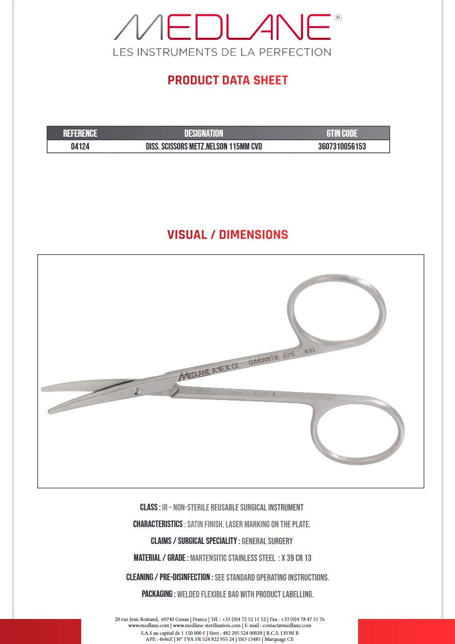 Ciseaux Dissection Metzenbaum nelson 115 mm Courbe — REF 04124