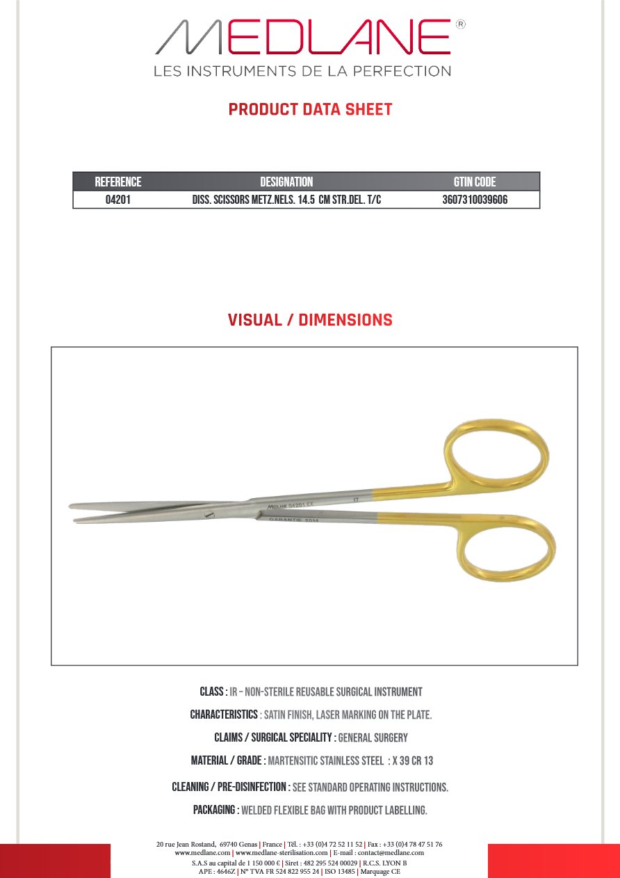 Ciseaux Dissection Metzenbaum nelson 145 mm Droit Del Tung — REF 04201P