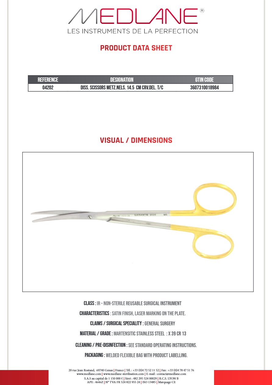 Photo produit MEDLANE : Ciseaux Dissection Metzenbaum nelson 145 mm Courbe Del Tung, référence 04202P