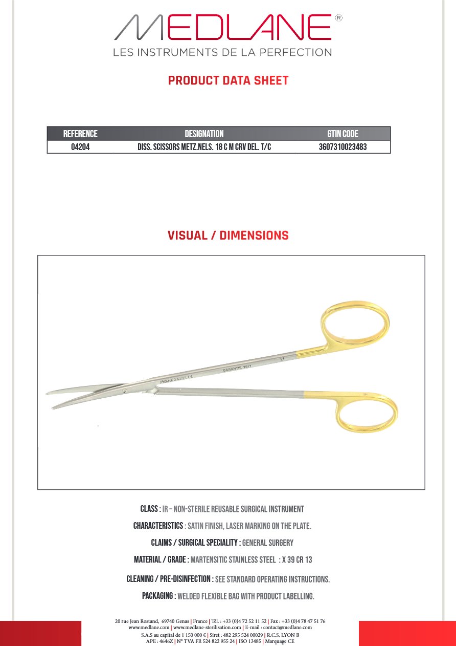 Photo produit MEDLANE : Ciseaux Dissection Metzenbaum nelson 180 mm Courbe Del Tung, référence 04204P