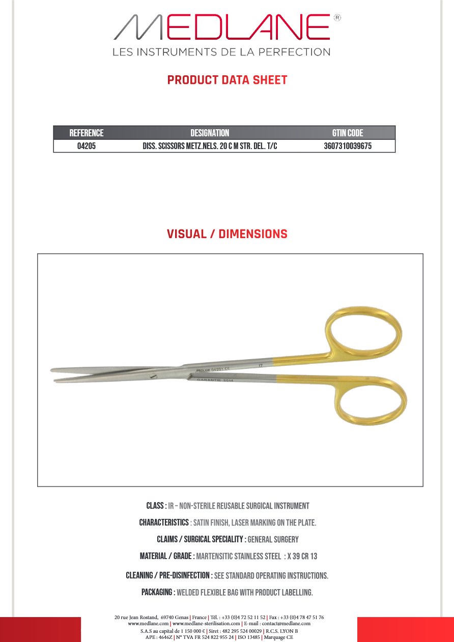 Ciseaux Dissection Metzenbaum nelson 200 mm Droit Del Tung — REF 04205P