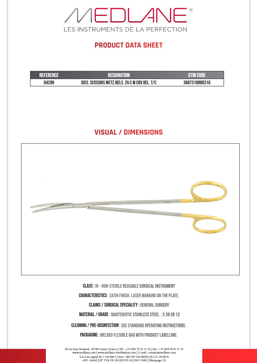 Ciseaux Dissection Metzenbaum nelson 260 mm Courbe Del Tung — REF 04209P