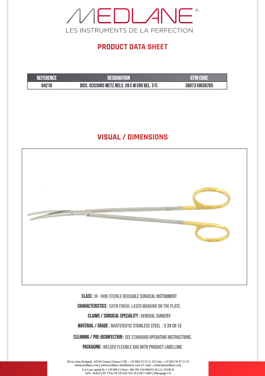Ciseaux Dissection Metzenbaum nelson 280 mm Courbe Del Tung — REF 04210P