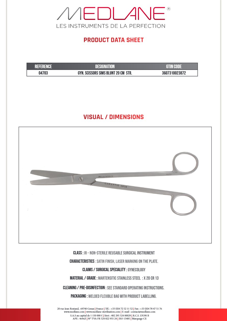 Ciseaux Gynécologique Sims Mousse 200 mm Droit — REF 04703P