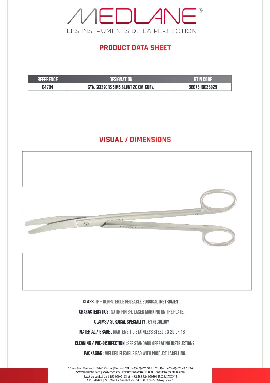 Ciseaux Gynécologique Sims Mousse 200 mm Courbe — REF 04704P