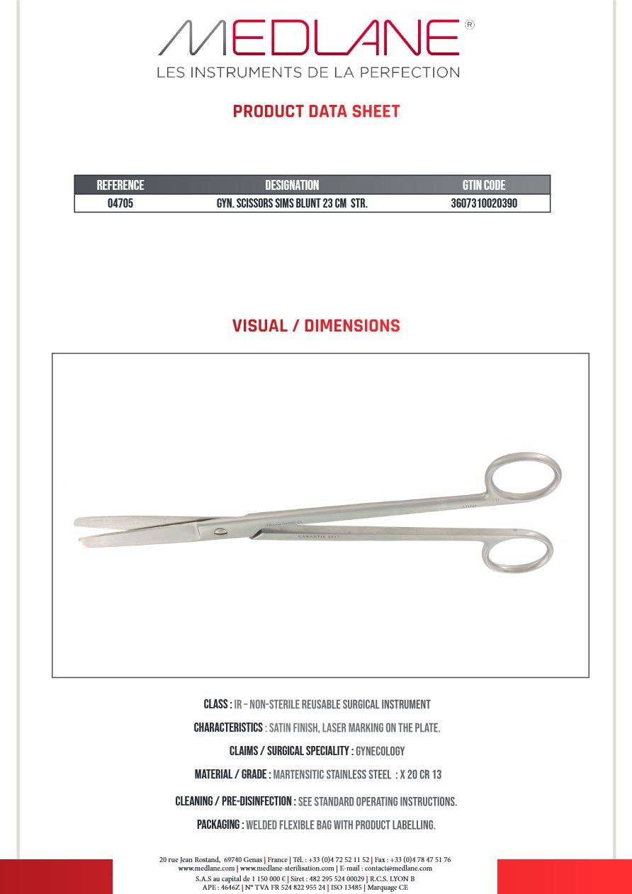 Ciseaux Gynécologique Sims Mousse 230 mm Droit — REF 04705P
