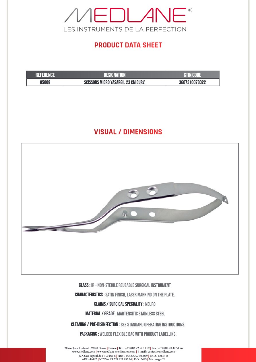 Ciseaux Micro Yasargil Baïonnette 230 mm Courbe Manche Troue — REF 05009