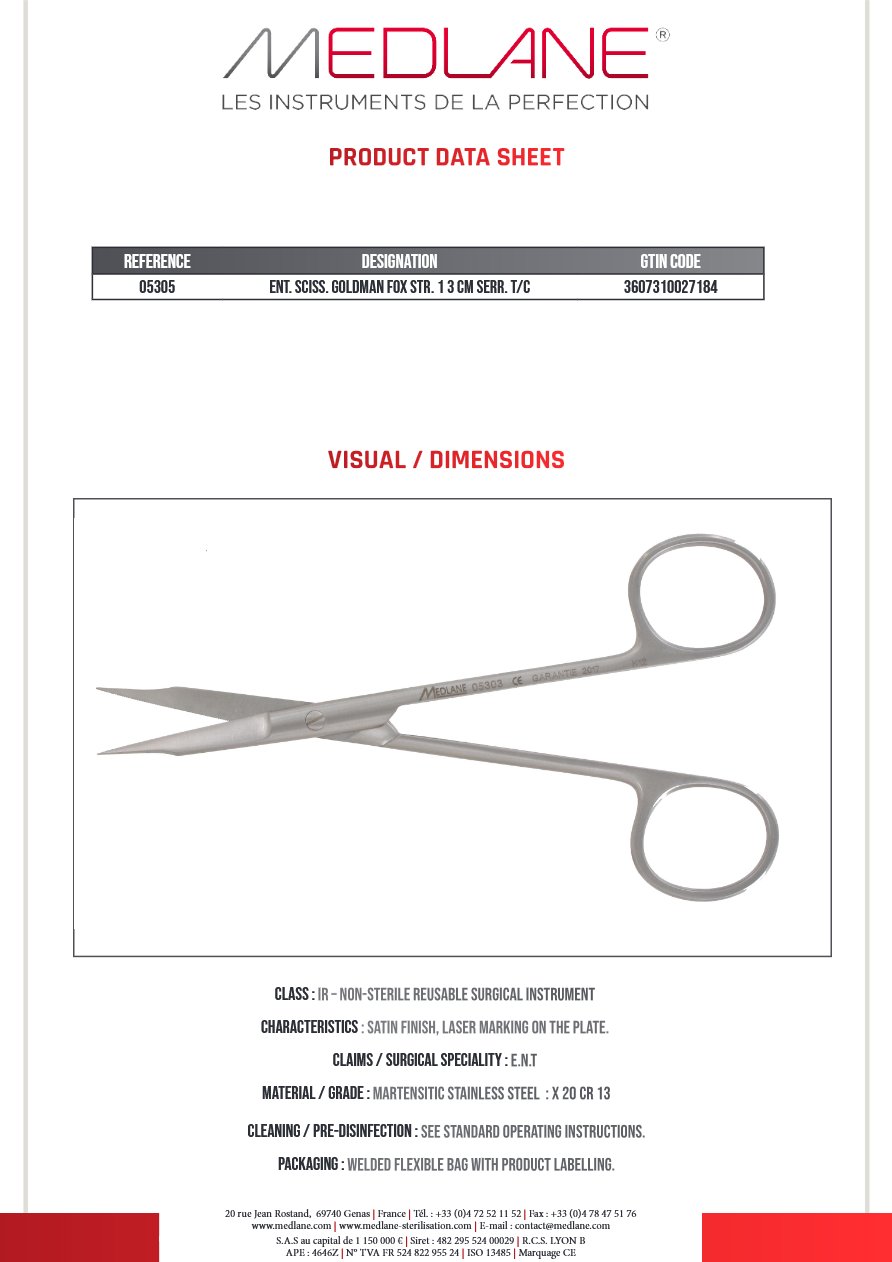 Ciseaux O. R. L. Goldman Fox 130 mm Droit Crante Tungstène — REF 05305