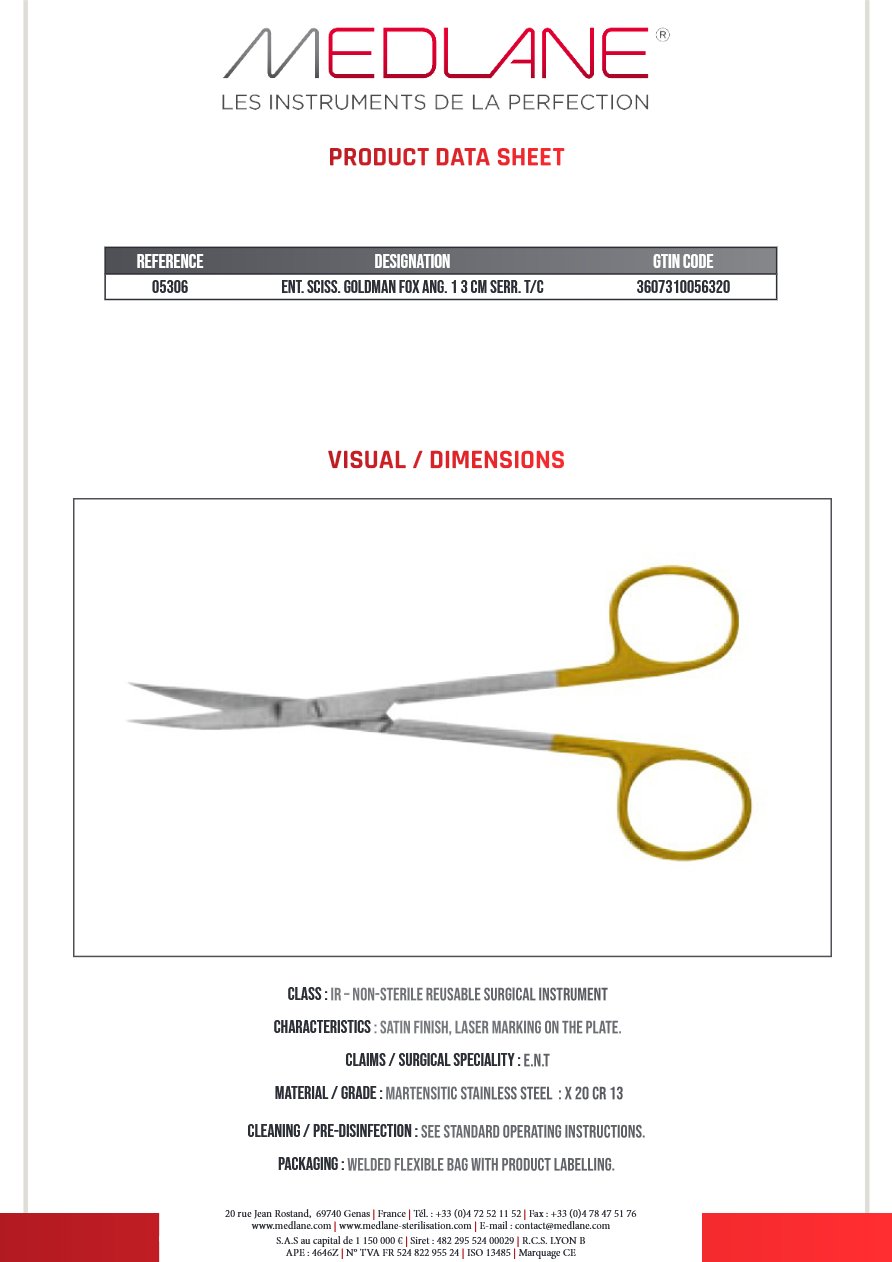 Ciseaux O. R. L. Goldman Fox 130 mm Angulé crante Tungstène — REF 05306