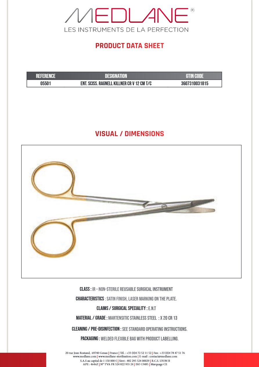Ciseaux O.R.L. Ragnell Killner 120 mm Courbe Tung — REF 05501P