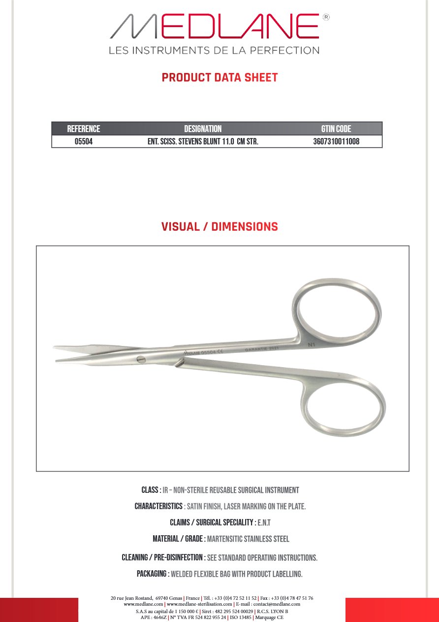 Photo produit MEDLANE : Ciseaux O. R. L. Stevens 110 mm Droit Mousse, référence 05504P