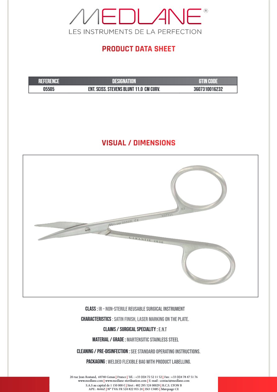 Photo produit MEDLANE : Ciseaux O. R. L. Stevens 110 mm Courbe Mousse, référence 05505P