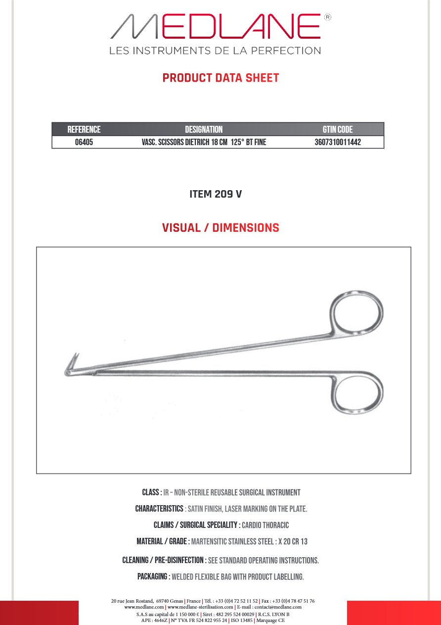 Photo produit MEDLANE : Ciseaux Vasculaire Dietrich 180 mm 125°CDE Fin, référence 06405
