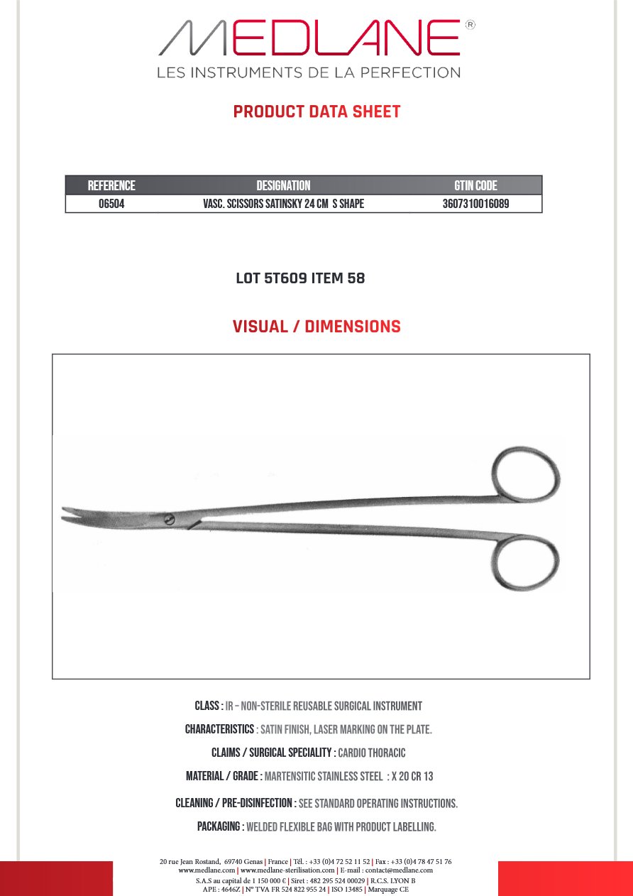 Ciseaux Vasculaire Satinsky 240 mm En S — REF 06504