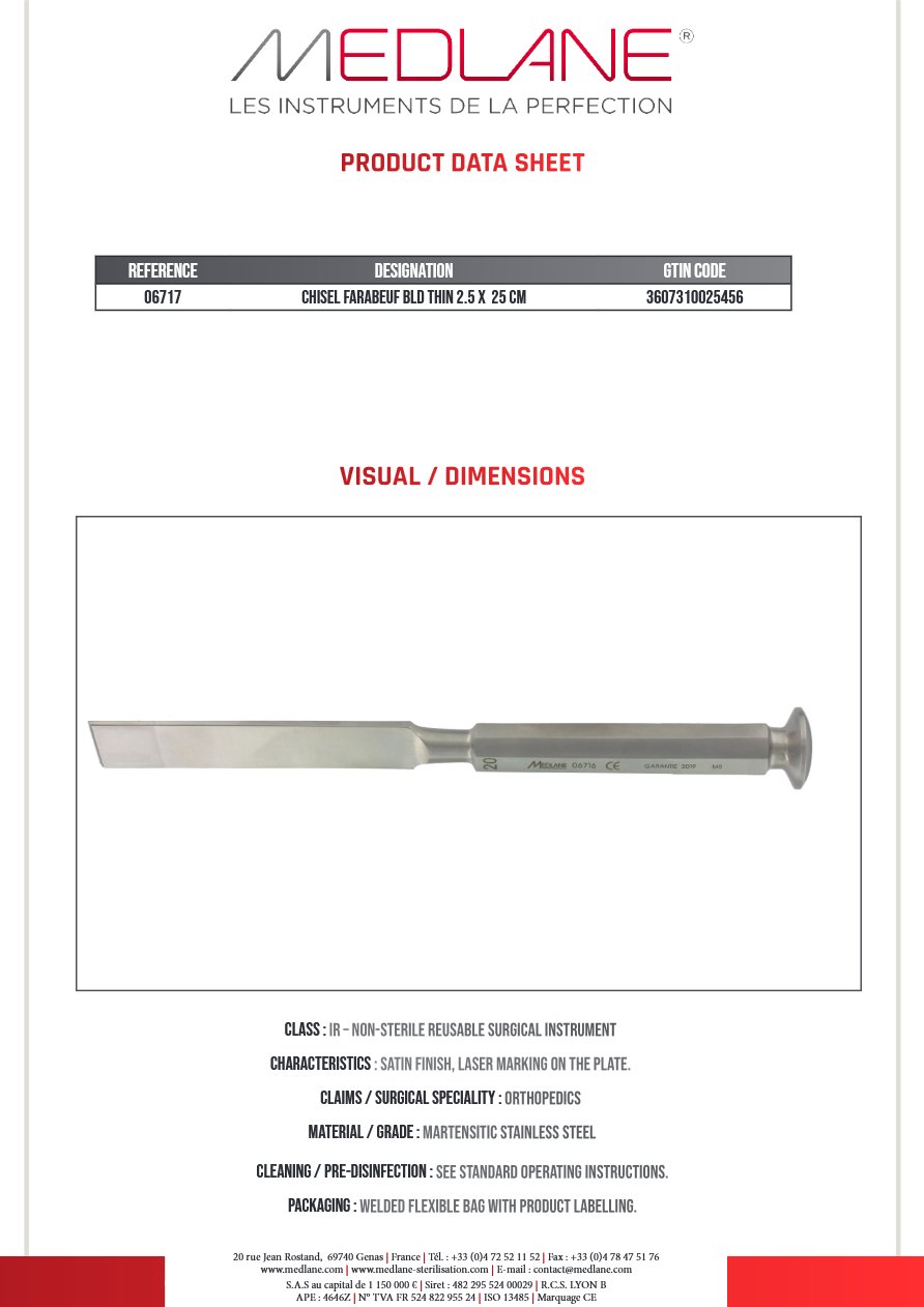 Ciseaux Os Burin Farabeuf Lame Mince 25 X 250 mm — REF 06717P