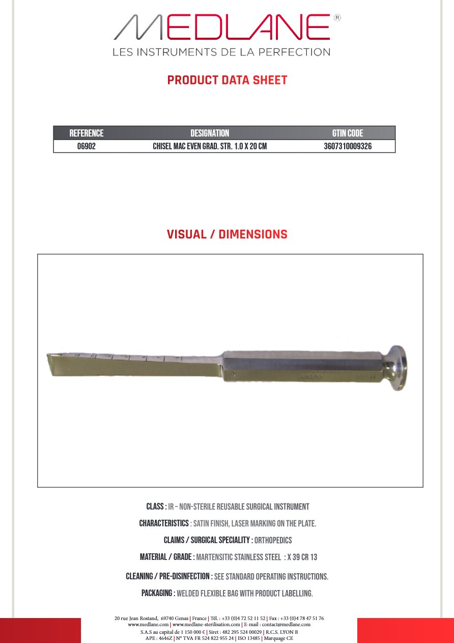 Ciseaux Os Burin Mac Even Grad. Droit 10 X 200 mm — REF 06902