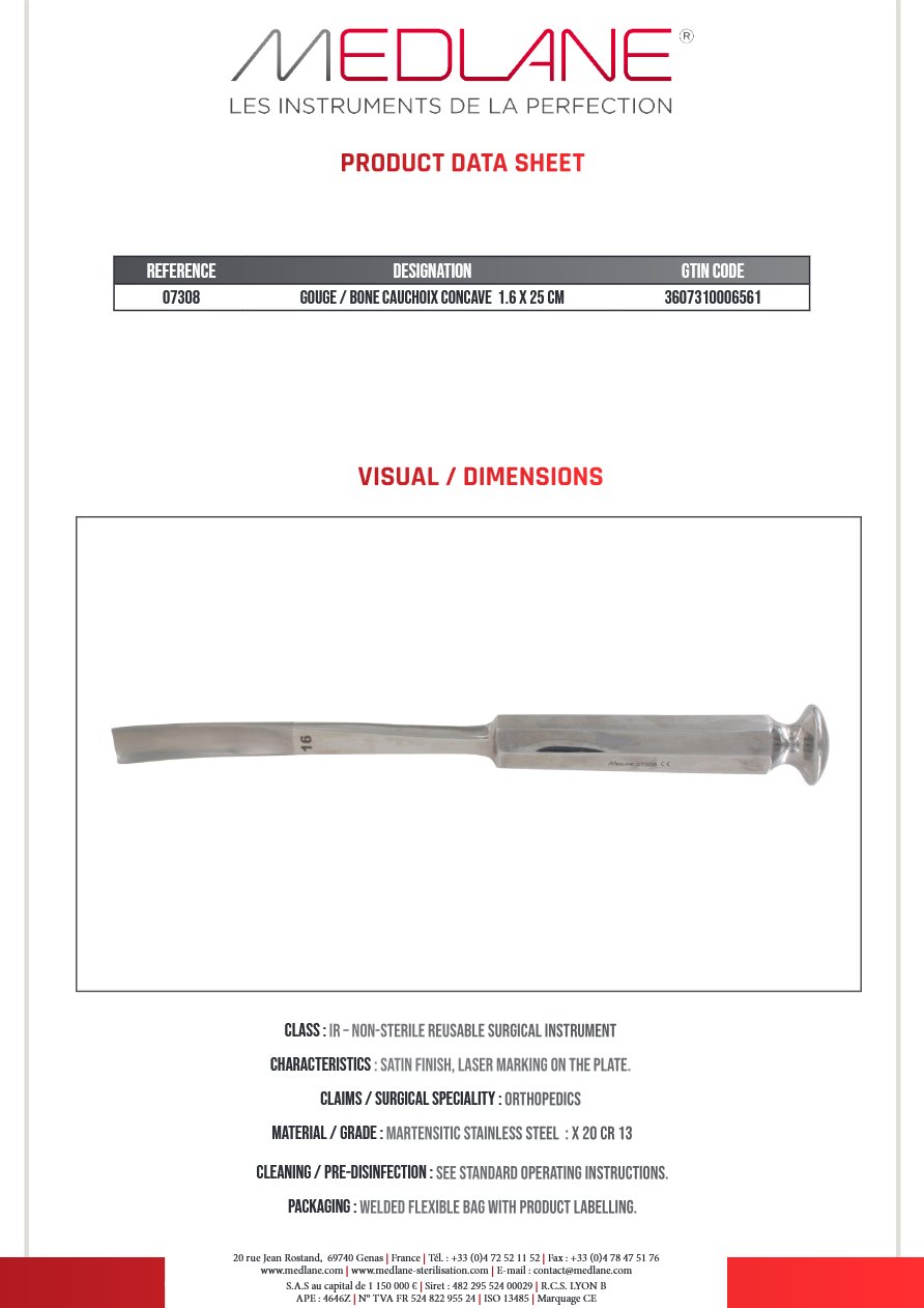 Ciseaux Os Gouge Cauchoix Concave 16 X 250 mm — REF 07308P
