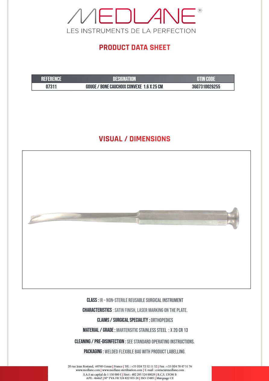 Ciseaux Os Gouge Cauchoix Convexe 16 X 250 mm — REF 07311P