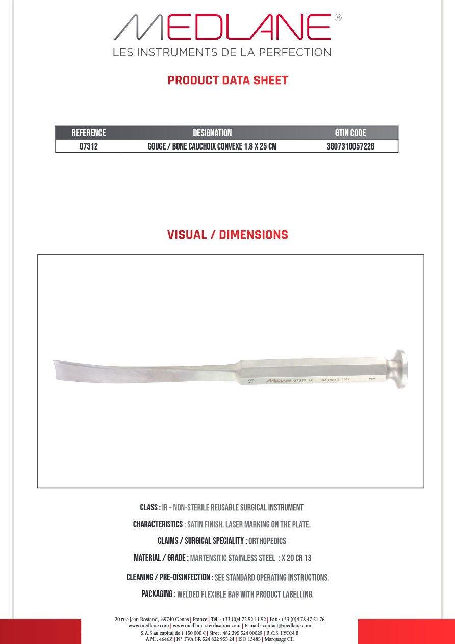 Ciseaux Os Gouge Cauchoix Convexe 18 X 250 mm — REF 07312P