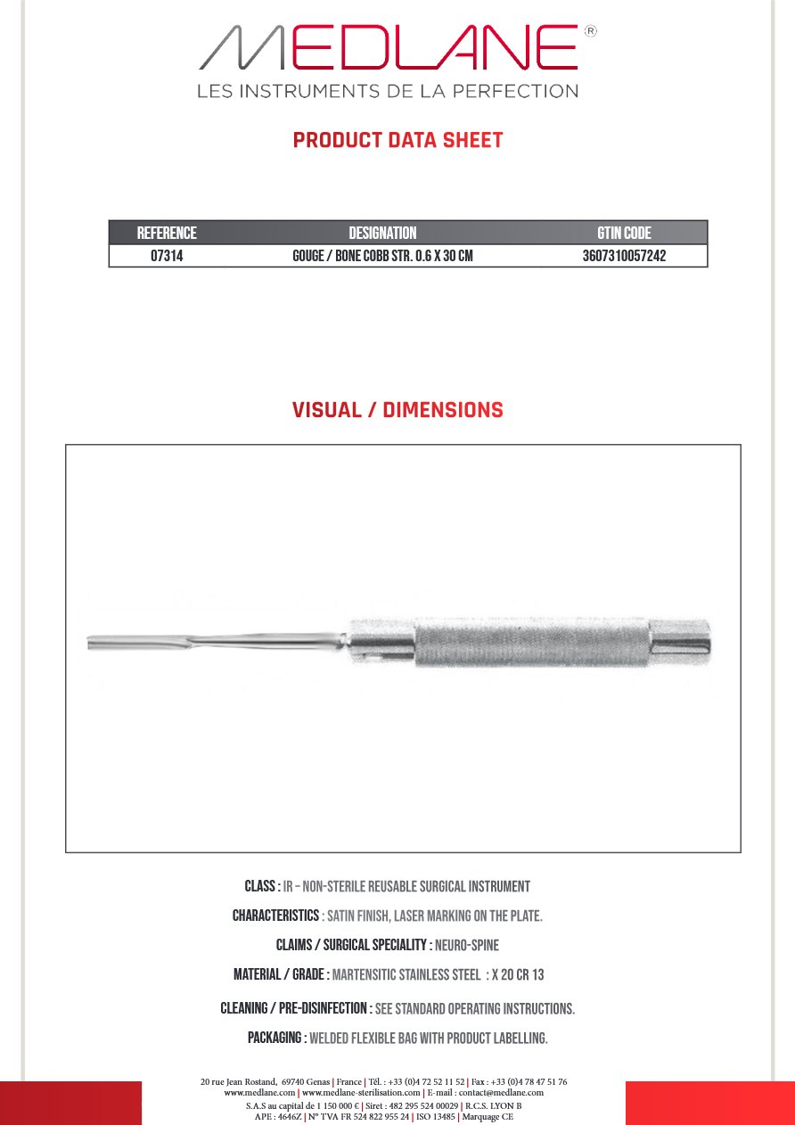Ciseaux Os Gouge Cobb Droite 6 X 300 mm — REF 07314P