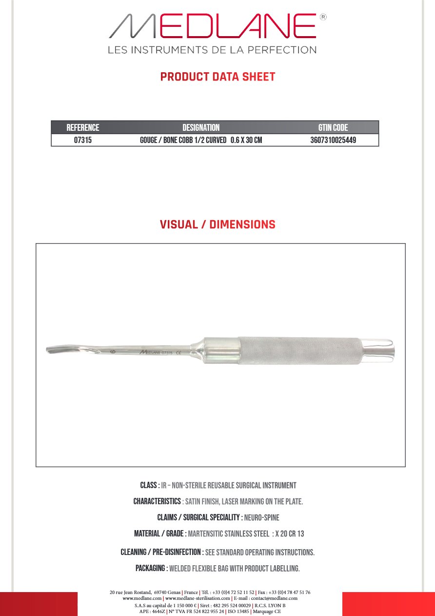 Ciseaux Os Gouge Cobb 1/2 Courbe 6 X 300 mm — REF 07315P