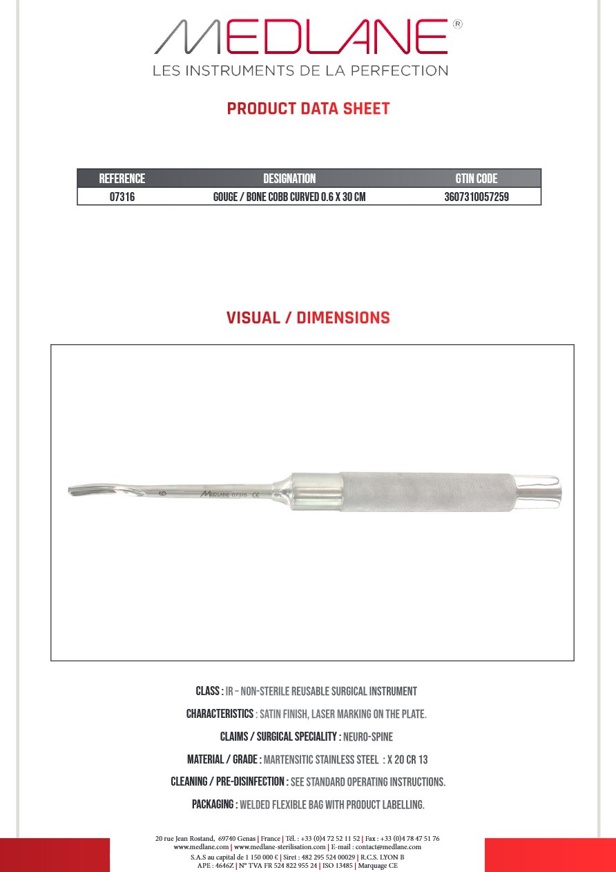 Ciseaux Os Gouge Cobb Courbe 6 X 300 mm — REF 07316P