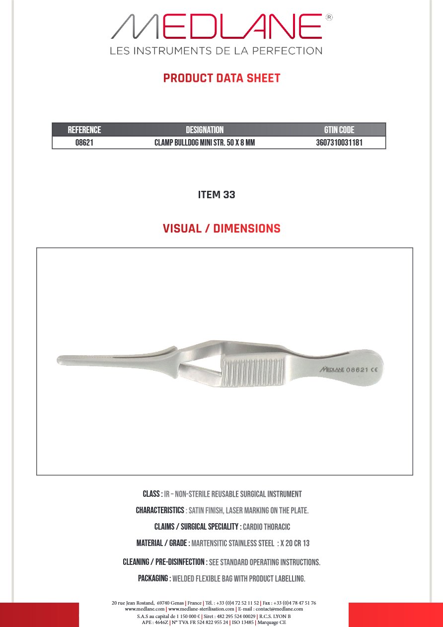 Photo produit MEDLANE : Clamp Bulldog Mini Droit 50 X 8 mm, référence 08621P