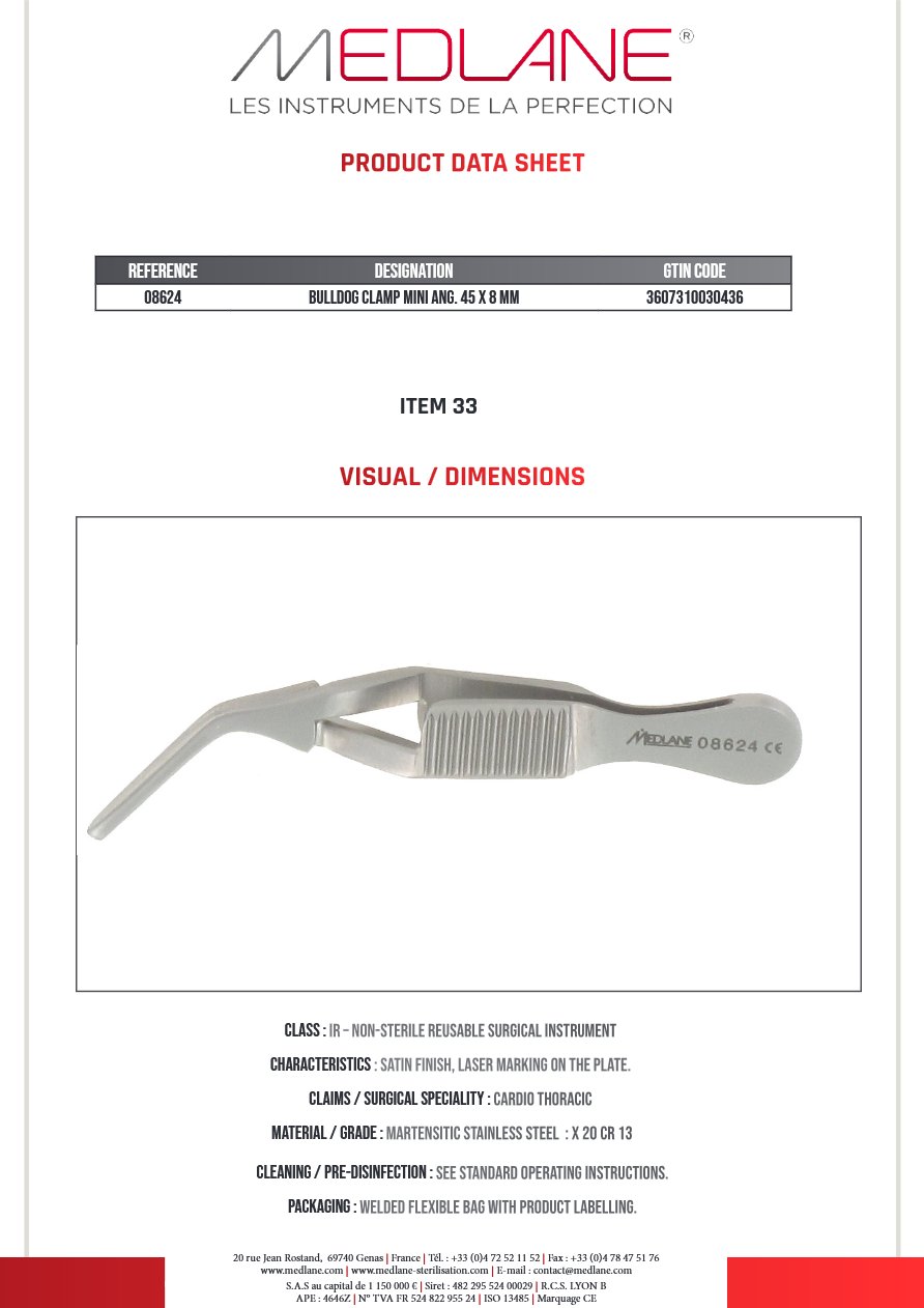 Photo produit MEDLANE : Clamp Bulldog Mini Coudé 45 X 8 mm, référence 08624P