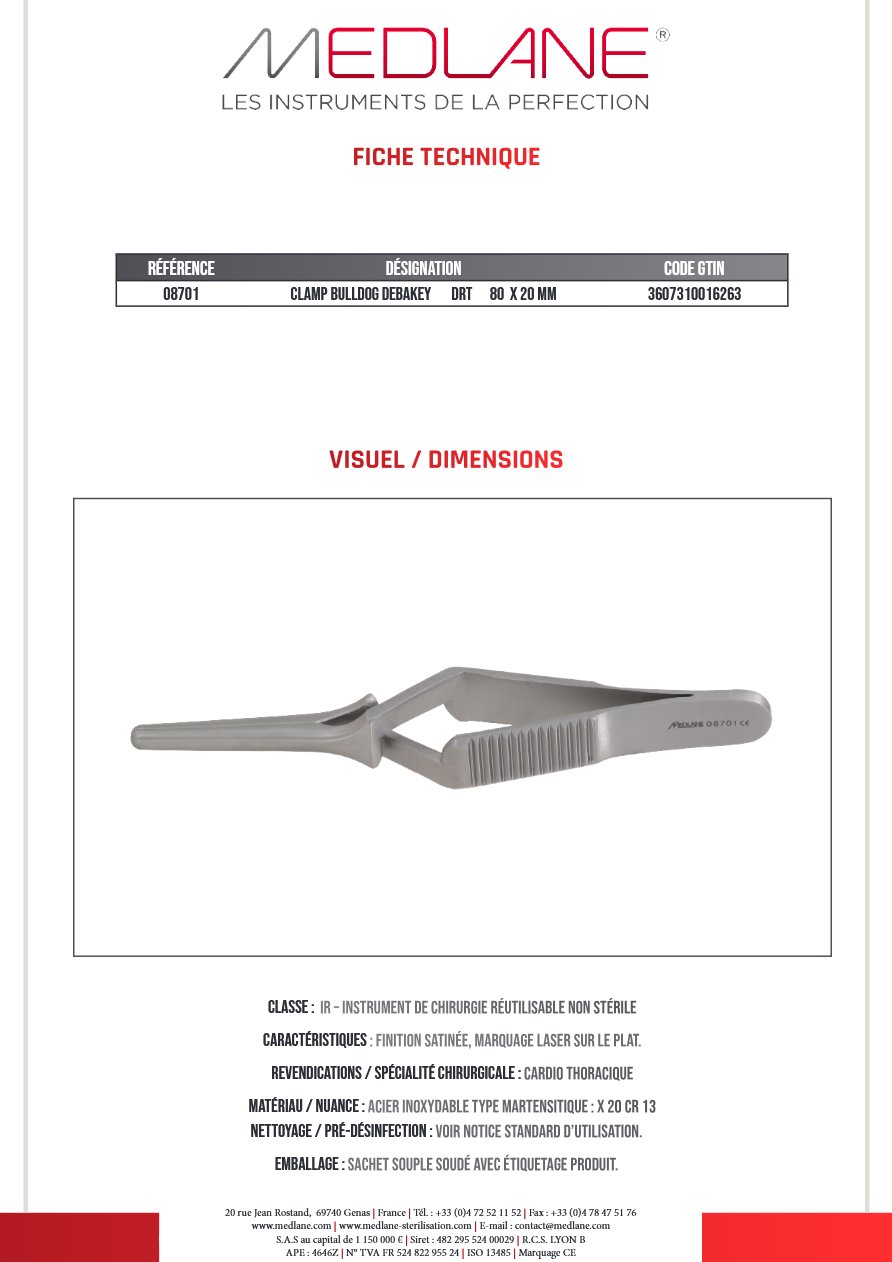 Photo produit MEDLANE : Clamp Bulldog Debakey Droit 80 X 20 mm, référence 08701P