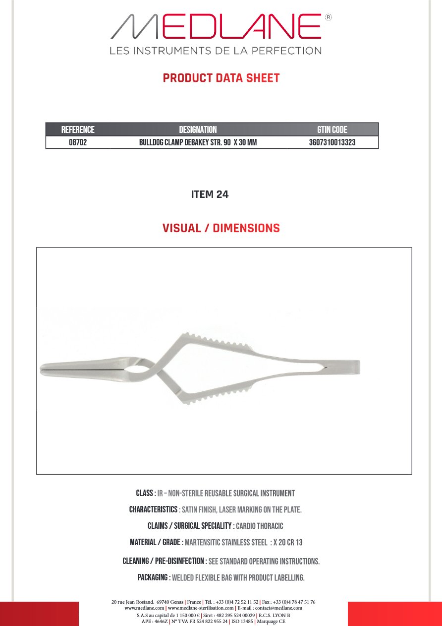 Photo produit MEDLANE : Clamp Bulldog Debakey Droit 90 X 30 mm, référence 08702P