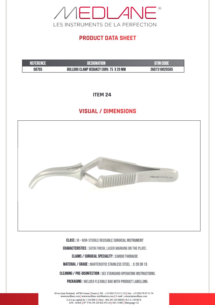 Photo produit MEDLANE : Clamp Bulldog Debakey Courbes 75 X 20 mm, référence 08705P