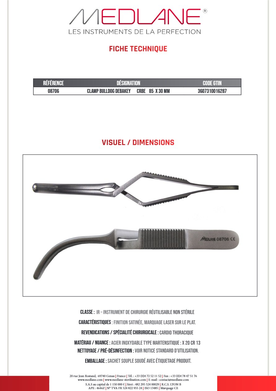 Photo produit MEDLANE : Clamp Bulldog Debakey Courbes 85 X 30 mm, référence 08706P