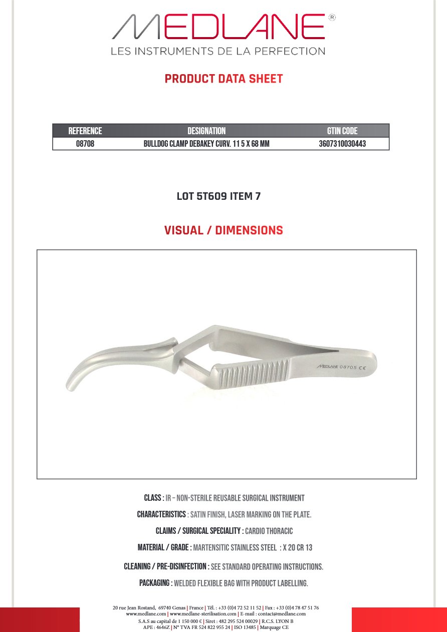 Photo produit MEDLANE : Clamp Bulldog Debakey Courbes 115 X 68 mm, référence 08708P