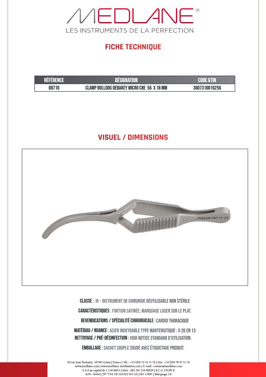 Photo produit MEDLANE : Clamp Bulldog Debakey Micro Courbe 56 X 18 mm, référence 08710P