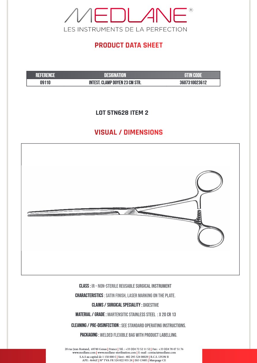Photo produit MEDLANE : Clamp Digestif Doyen 230 mm Droit, référence 09110P