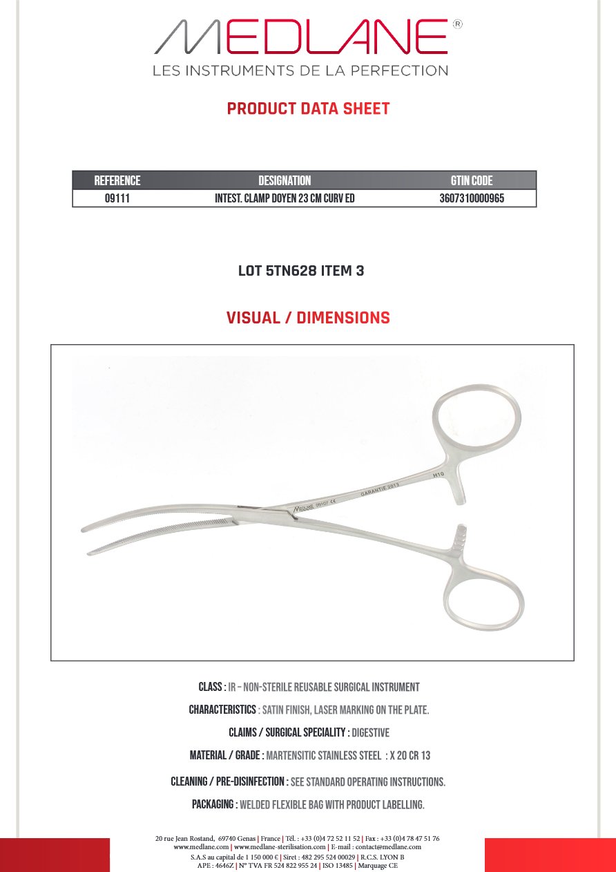 Photo produit MEDLANE : Clamp Digestif Doyen 230 mm Courbe, référence 09111P