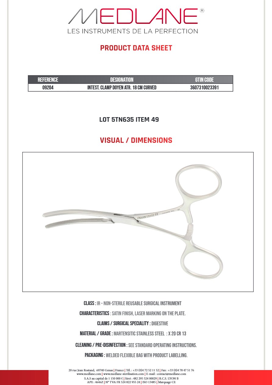 Clamp Digestif Doyen Atrauma 180 mm Courbe — REF 09204P