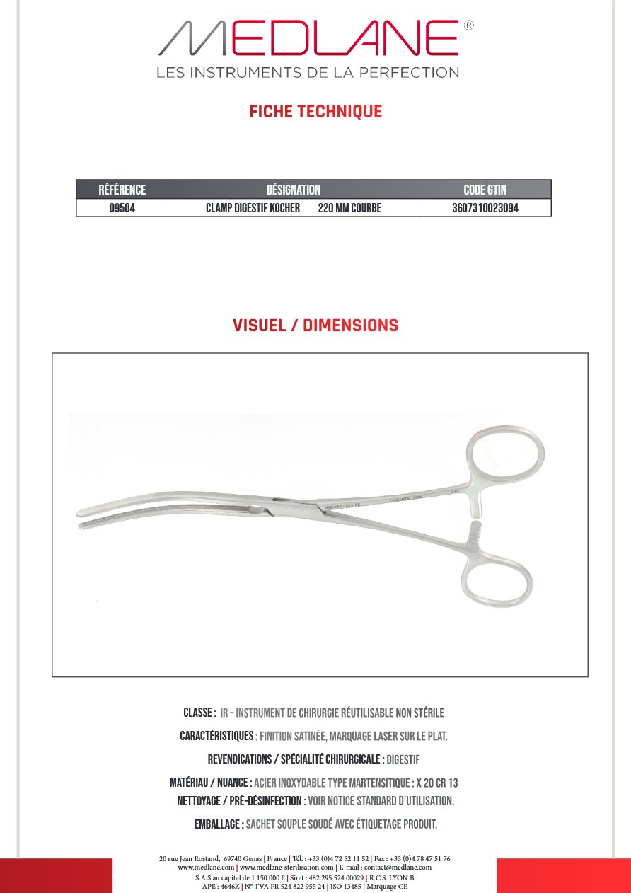 Clamp Digestif Kocher 220 mm Courbe — REF 09504P