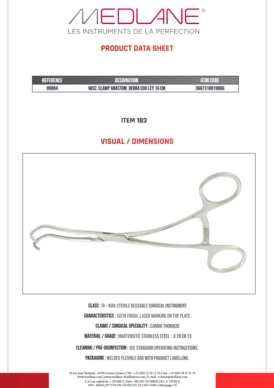 Photo produit MEDLANE : Clamp Vasculaire Anastomose Derra Cooley Pm 160 mm, référence 09804P