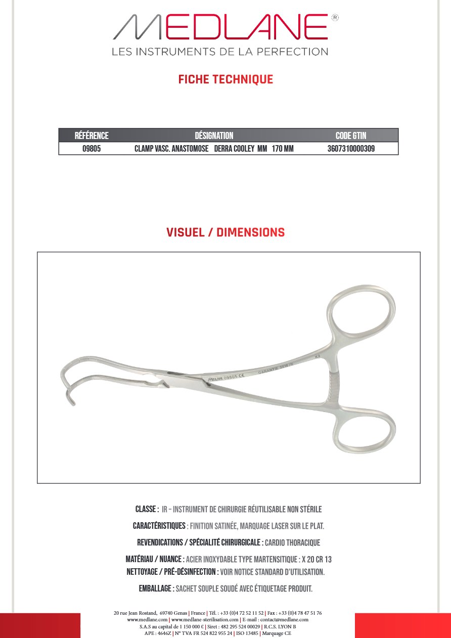 Photo produit MEDLANE : Clamp Vasculaire Anastomose Derra Cooley mm 170 mm, référence 09805P