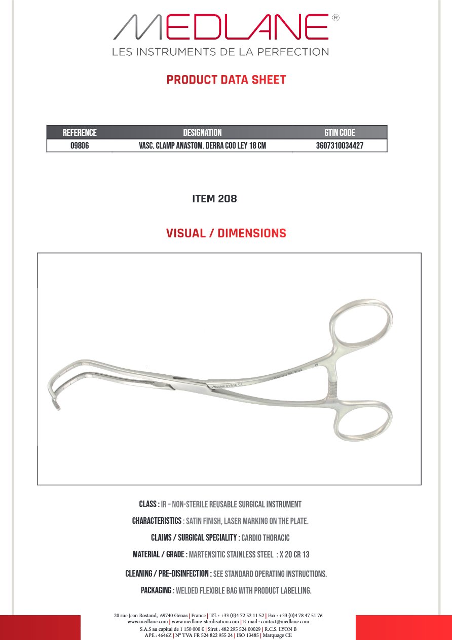 Photo produit MEDLANE : Clamp Vasculaire Anastomose Derra Cooley Gm 180 mm, référence 09806P