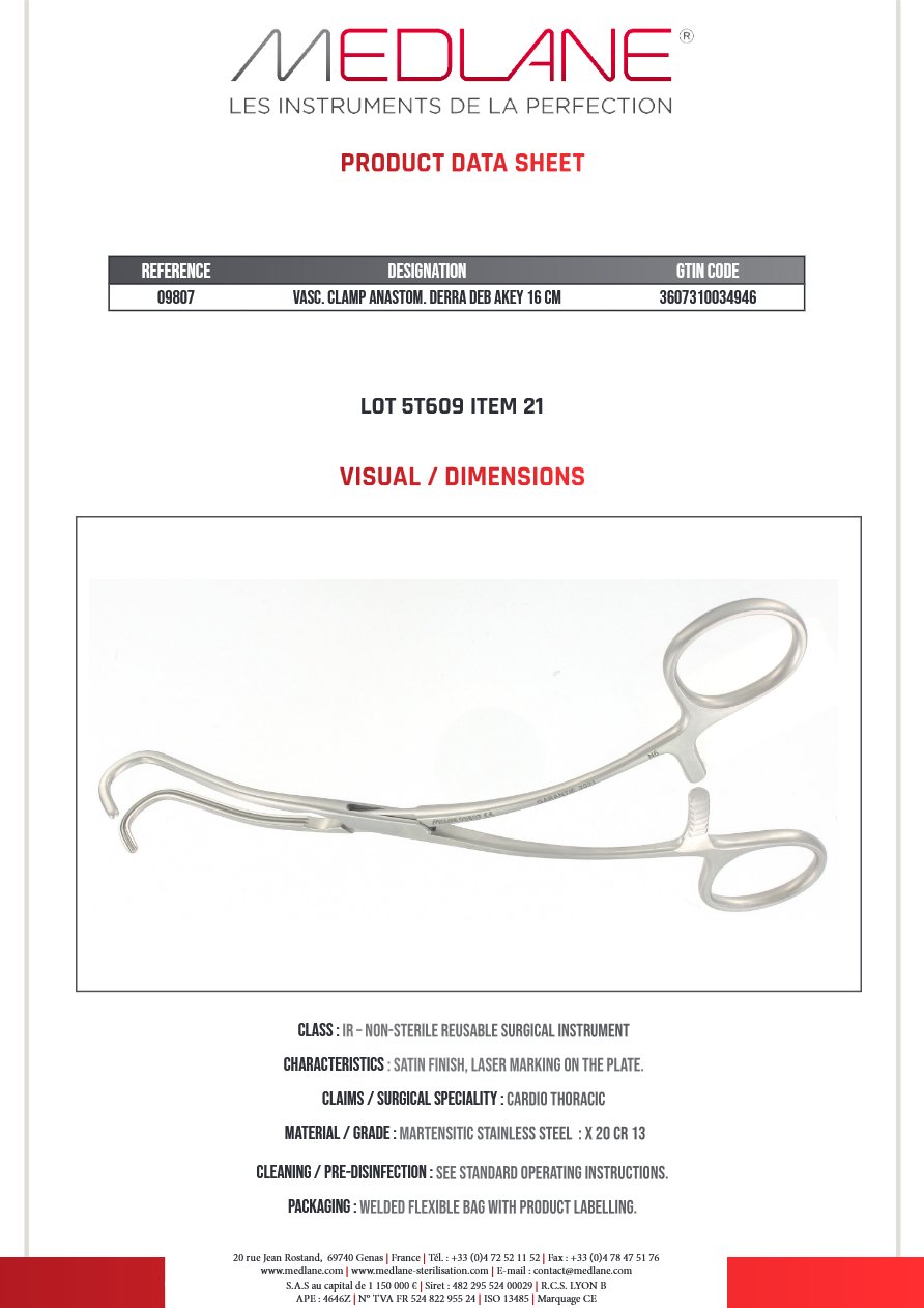 Photo produit MEDLANE : Clamp Vasculaire Anastomose Derra Debakey Pm 160 mm, référence 09807P