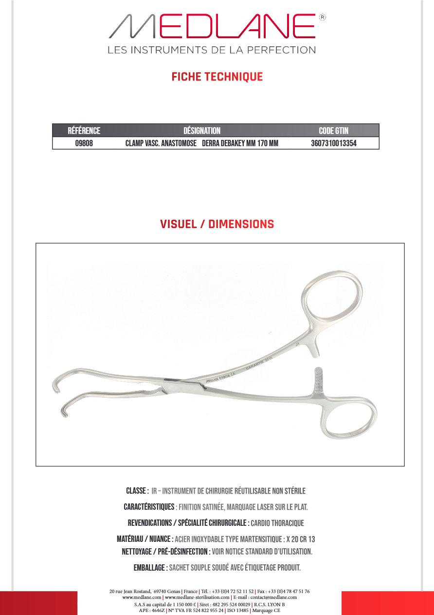 Photo produit MEDLANE : Clamp Vasculaire Anastomose Derra Debakey mm 170 mm, référence 09808P