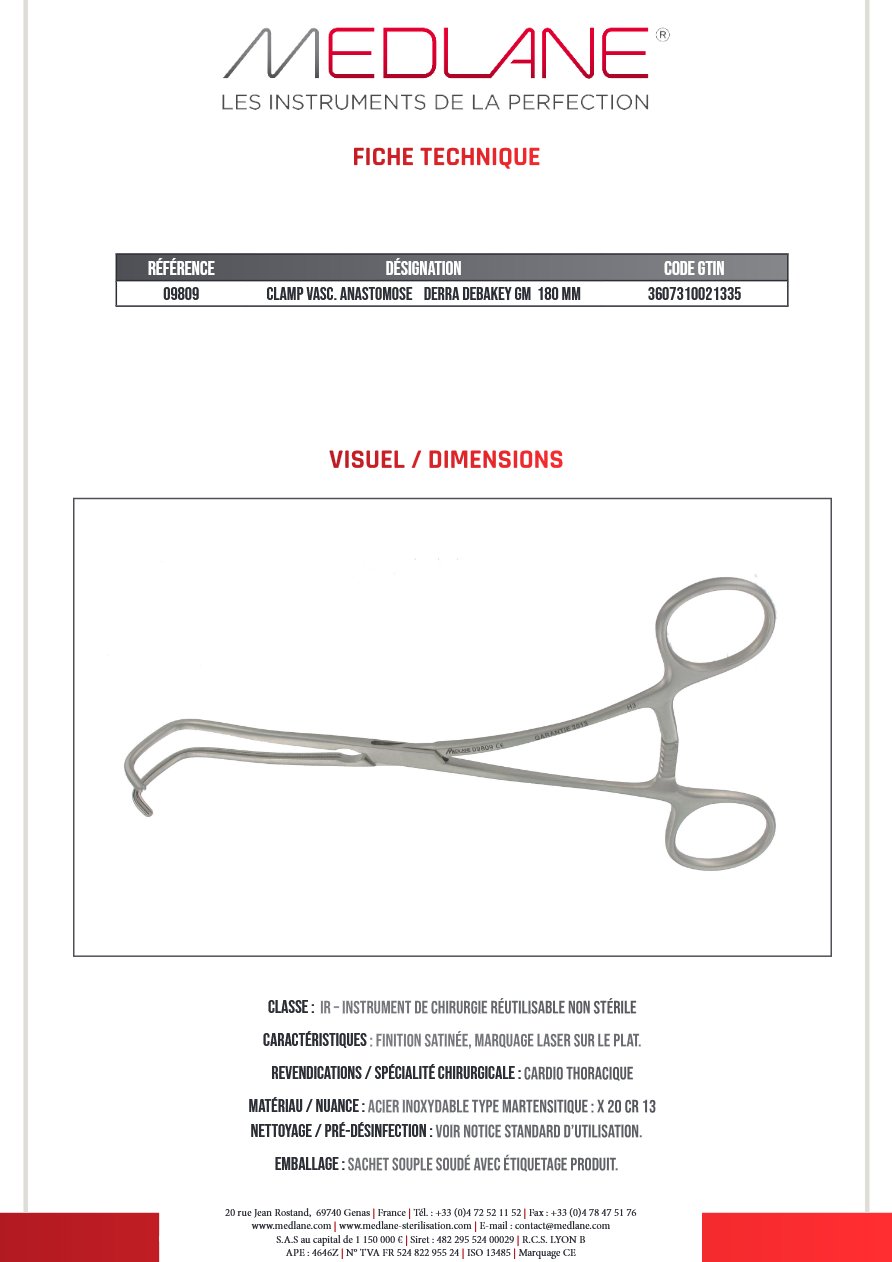 Photo produit MEDLANE : Clamp Vasculaire Anastomose Derra Debakey Gm 180 mm, référence 09809P