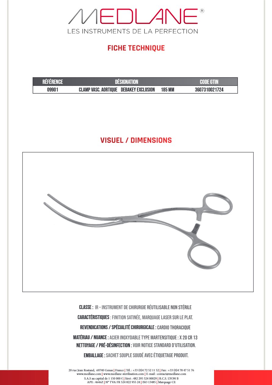 Photo produit MEDLANE : Clamp Vasculaire Aortique Debakey Exclusion 185 mm, référence 09901P