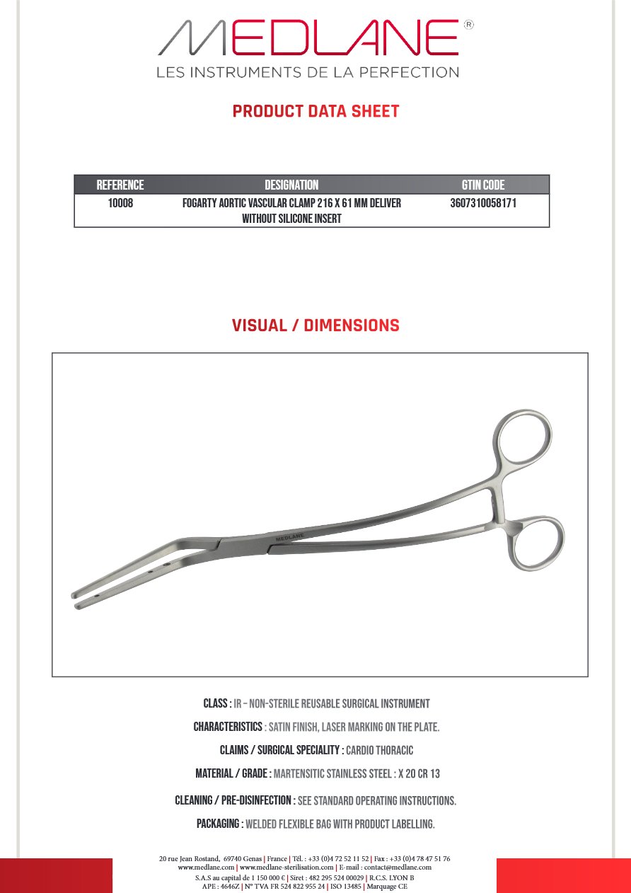 Clamp Vasculaire Aortique Fogarty 216 X 61 mm Livré sans Insert Silicone — REF 10008
