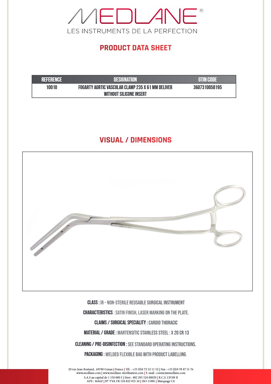Clamp Vasculaire Aortique Fogarty 235 X 86 mm Livré sans Insert Silicone — REF 10010